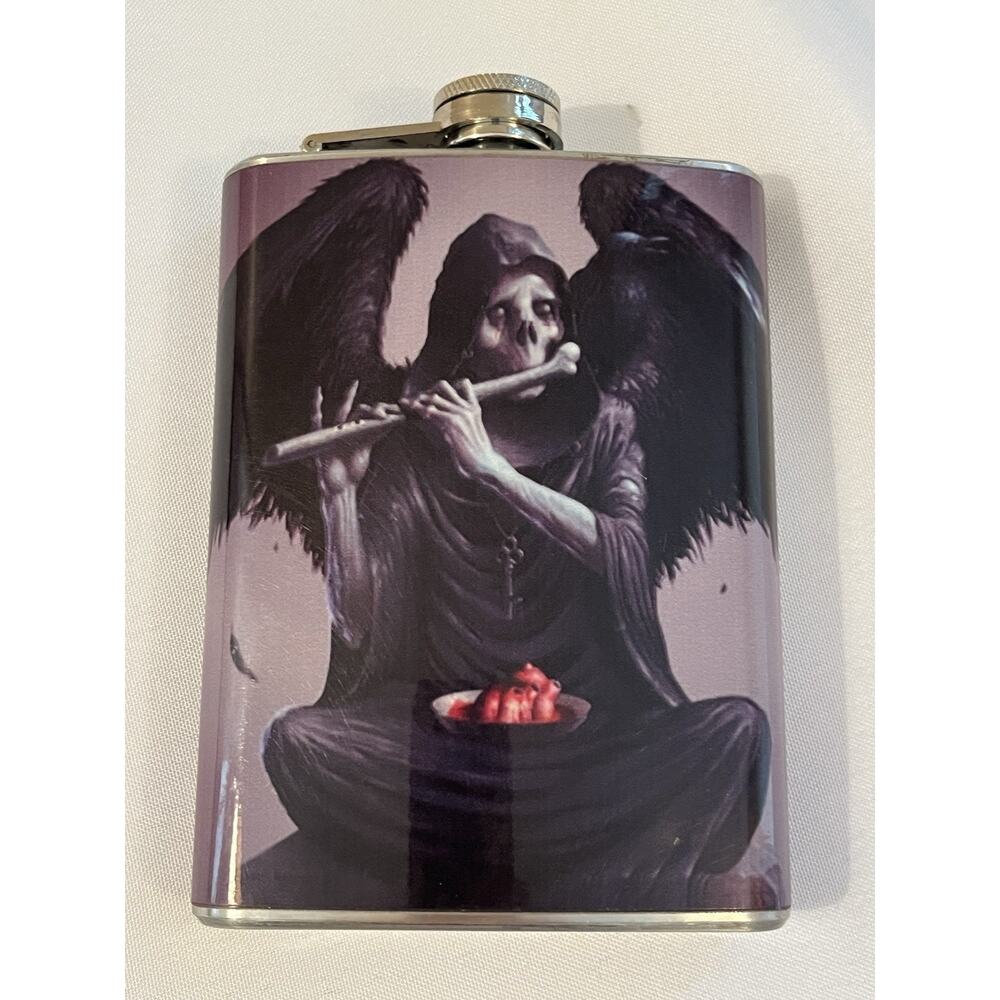 Stainless Steel 8 oz Hip Flask Screw Top Purple/Black Gothic Angel Design